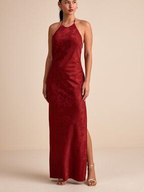Lulus Ayura Rust Red Satin Jacquard Tie-back Halter Maxi Dress - Size M